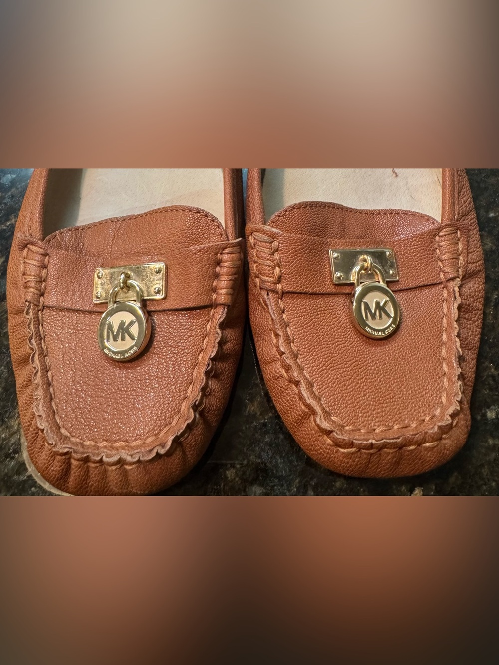 Michael Kors Kids' Chestnut Leather Moccasin Loafers with Gold MK Charm